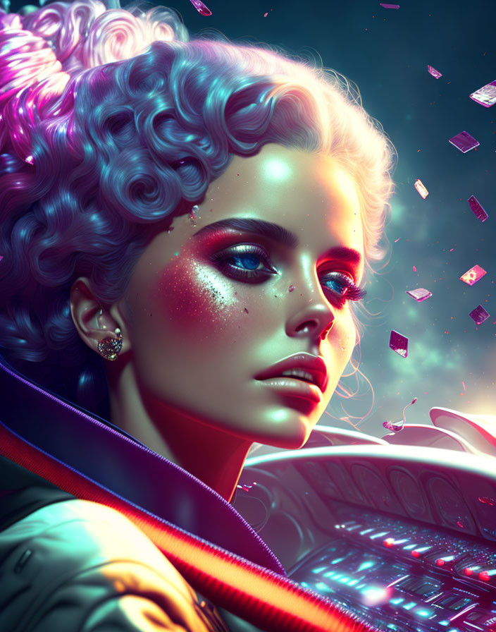 Digital Artwork: Woman with Curly Hair and Glittery Makeup in Neon Futuristic Setting