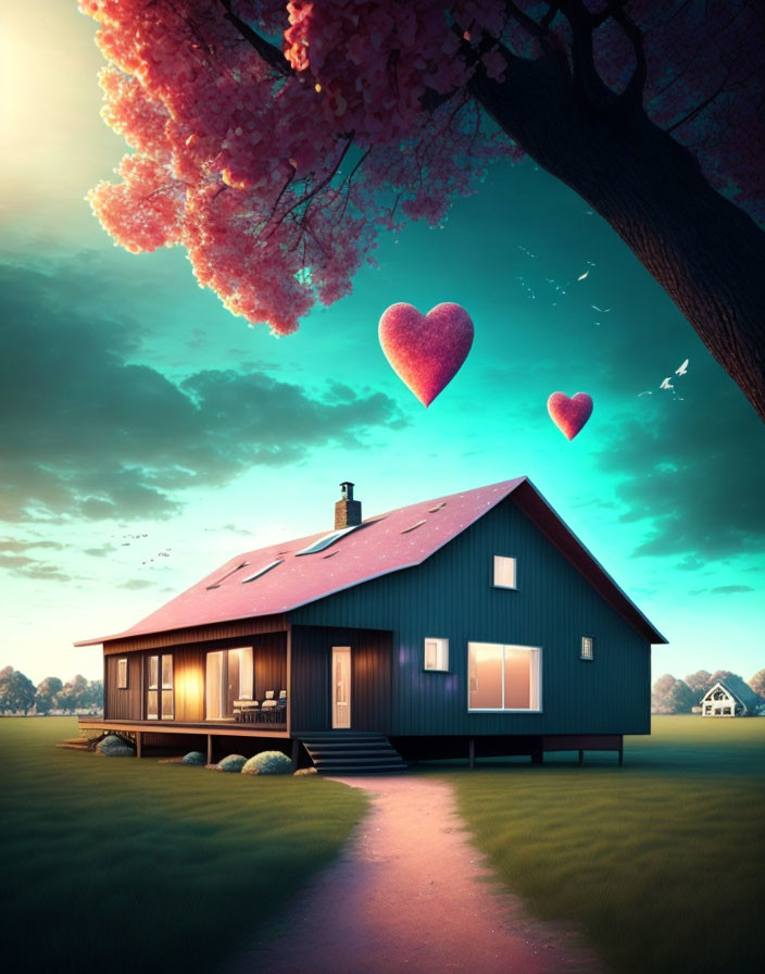 Twilight sky over cozy house with pink tree and heart balloons