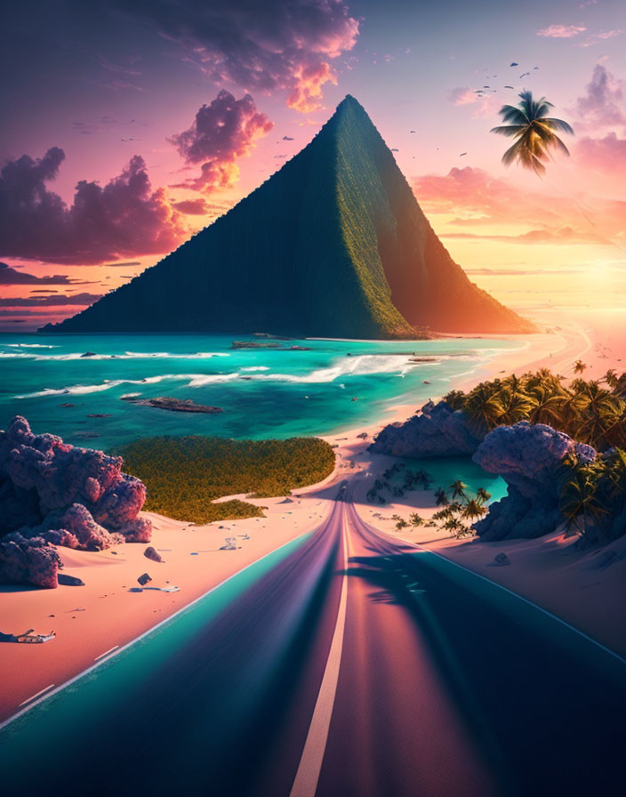 Scenic road to mountain near tropical beach at sunset