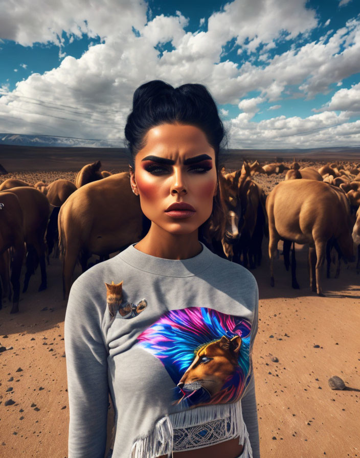 Woman with dramatic makeup and high bun poses in horse-print shirt amidst herd under cloudy sky