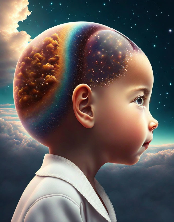 Surreal child with cosmos hair in cloudy sky backdrop