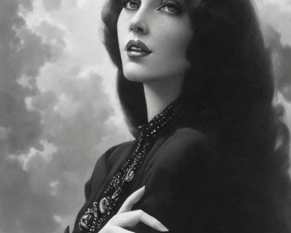 Monochrome portrait of woman with dark hair, classic makeup, dark blouse, and necklace against cloudy backdrop