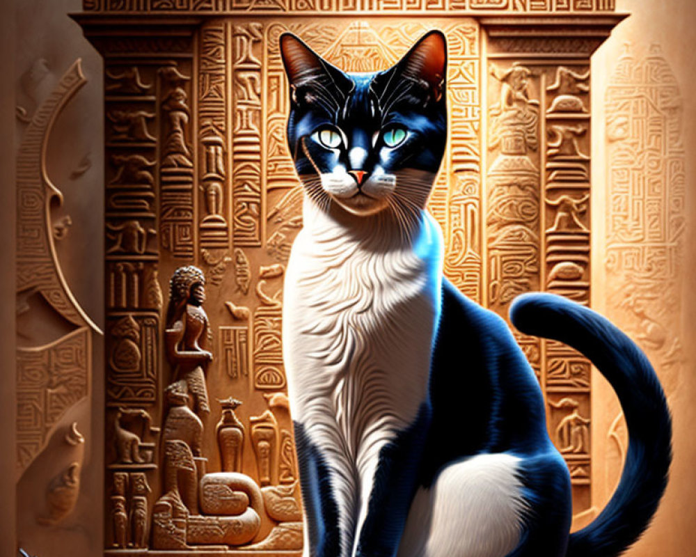 Black and white cat in front of ancient Egyptian temple with hieroglyphs