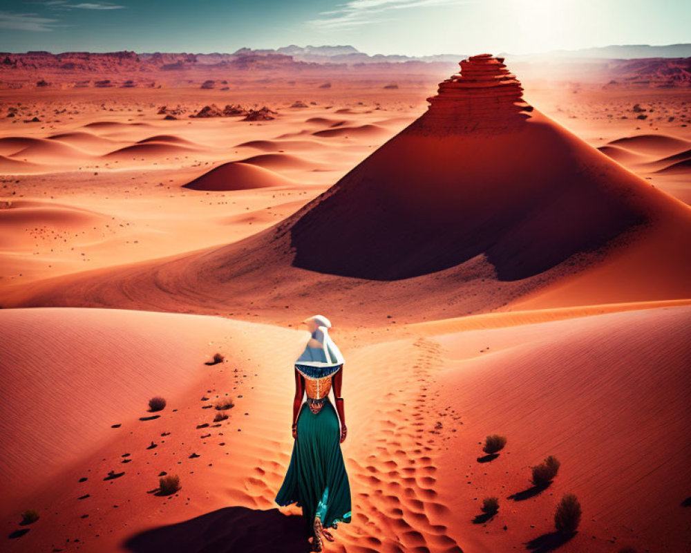 Traditional attire figure in sand dunes under warm sunset with pyramid silhouette