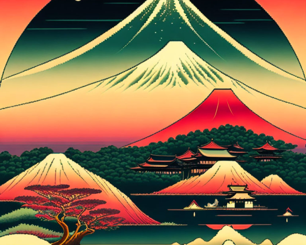 Stylized graphic of layered mountains, buildings, cherry trees, and Mount Fuji under a red sky