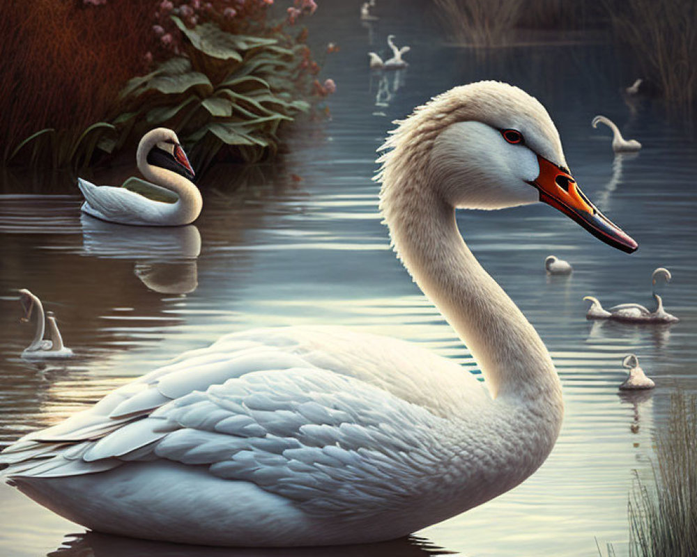 Tranquil water scene with two swans and lush vegetation