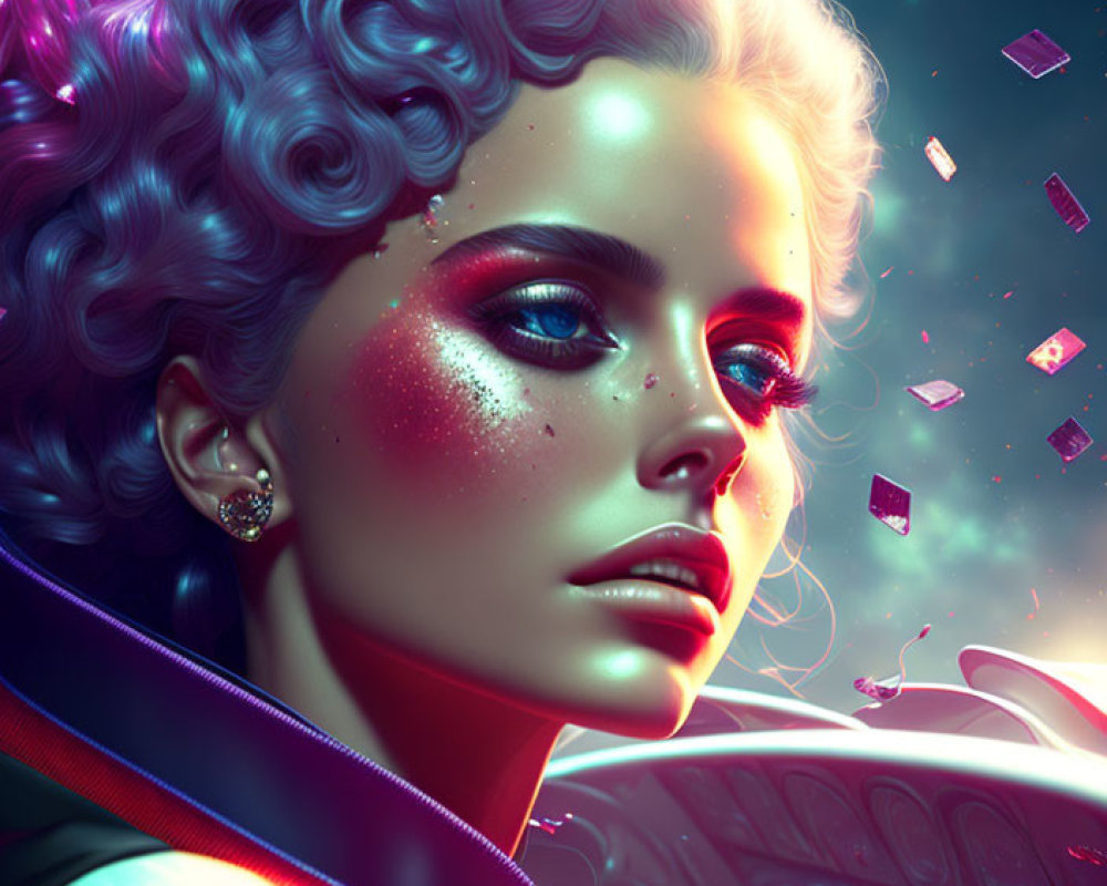 Digital Artwork: Woman with Curly Hair and Glittery Makeup in Neon Futuristic Setting