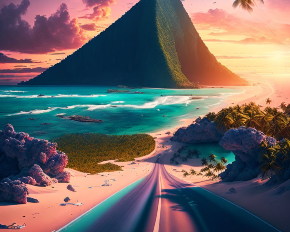 Scenic road to mountain near tropical beach at sunset