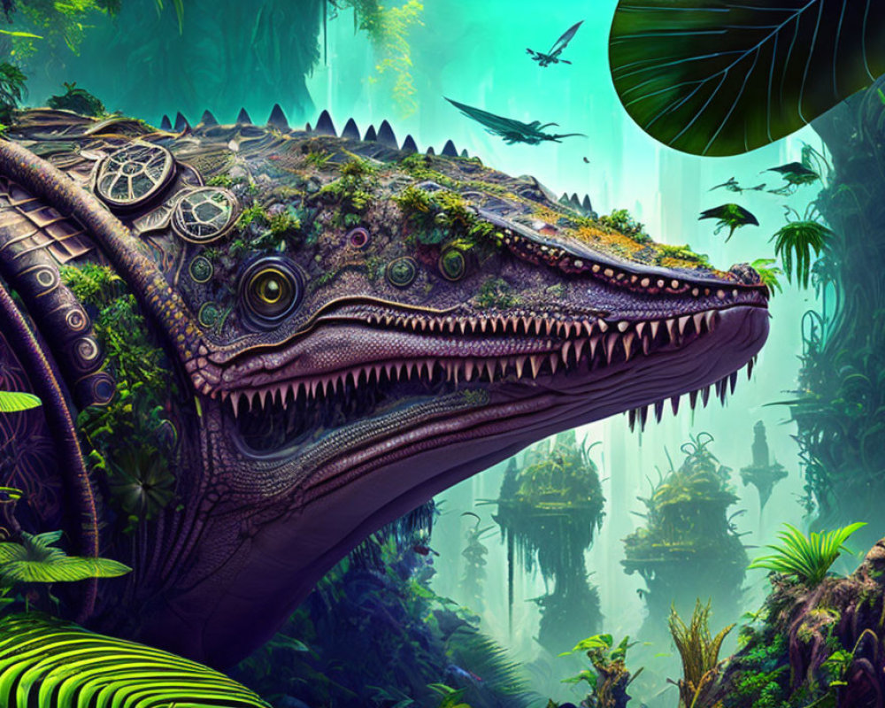 Detailed digital artwork: Dinosaur head in lush prehistoric jungle