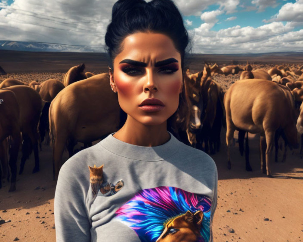 Woman with dramatic makeup and high bun poses in horse-print shirt amidst herd under cloudy sky