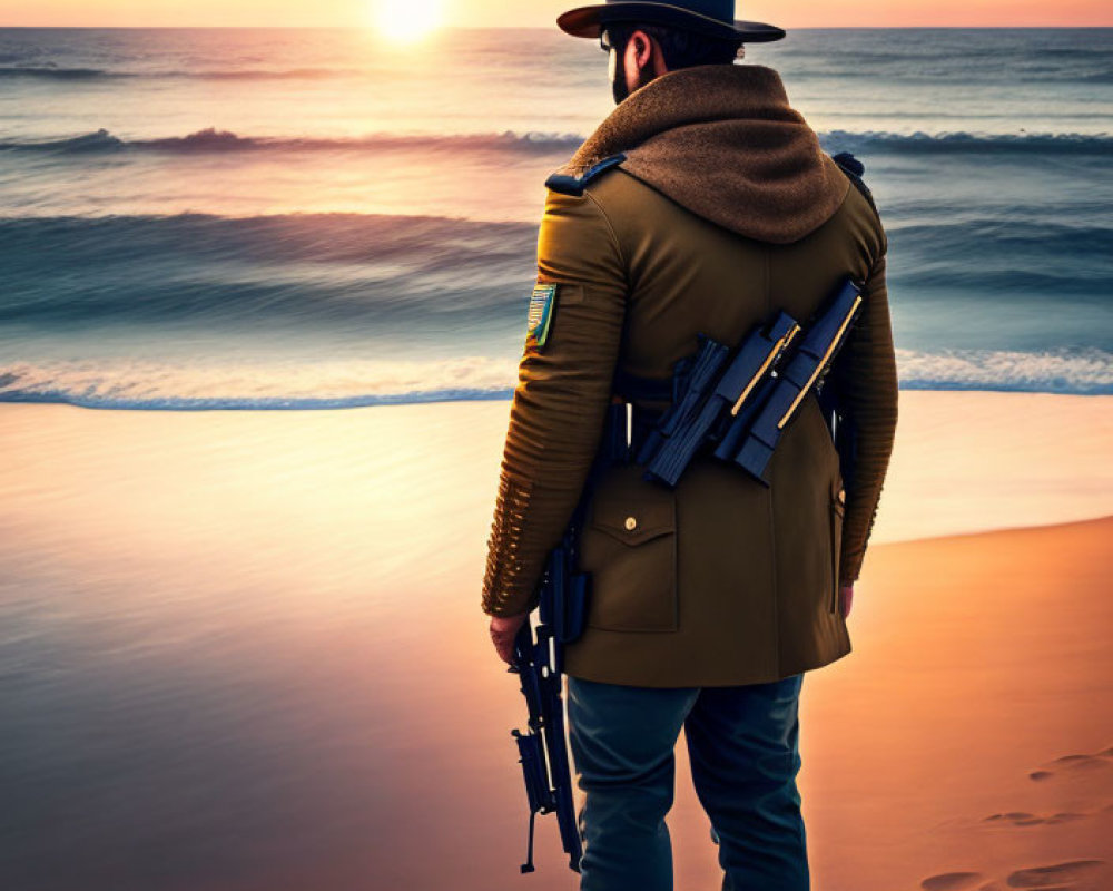 Person in coat and hat holding rifle on beach at sunset with rolling waves