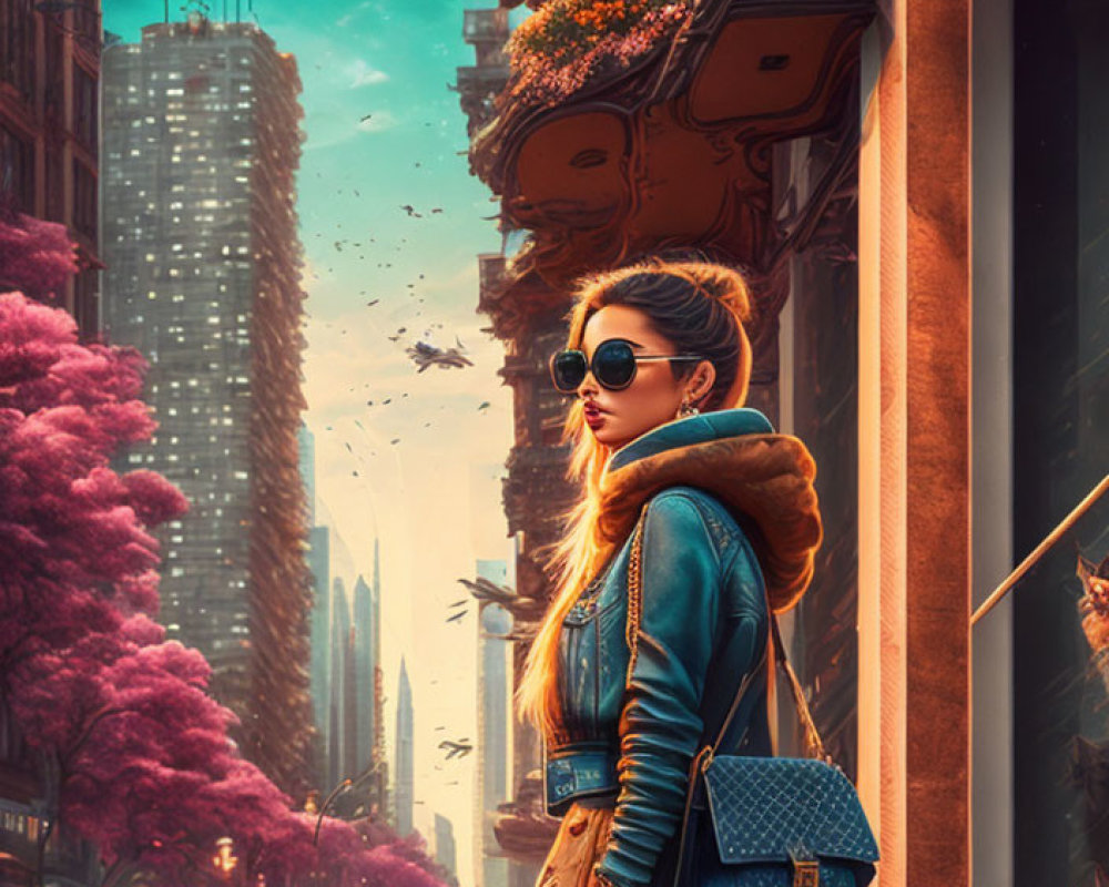 Fashionable woman in sunglasses on city street with flowering trees and buildings under sunlight