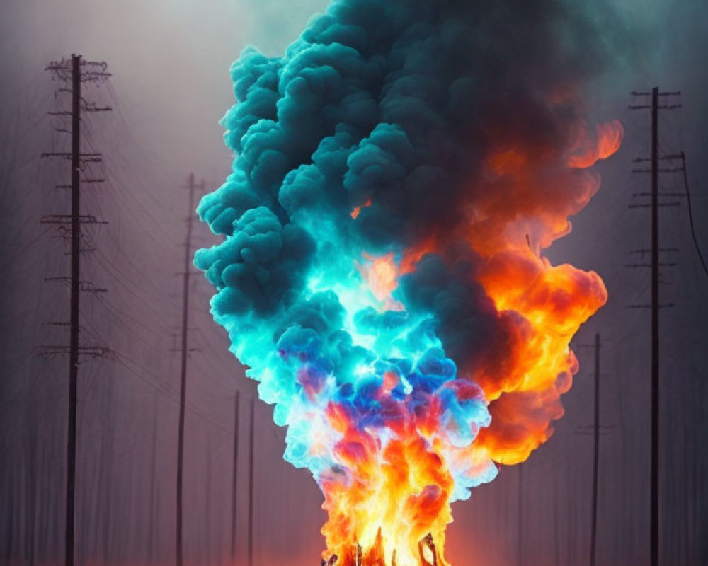 Intense Blue and Orange Flames with Dark Smoke in Burnt Landscape