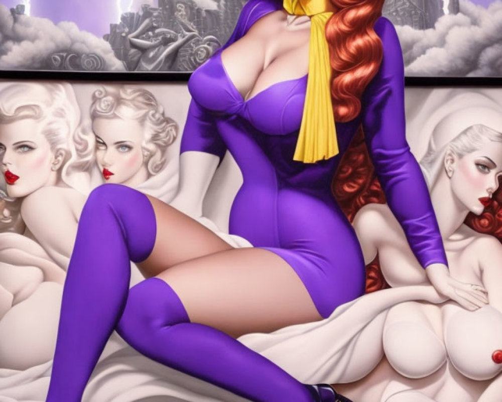 Stylized illustration of confident woman in purple bodysuit among female figures & lightning.