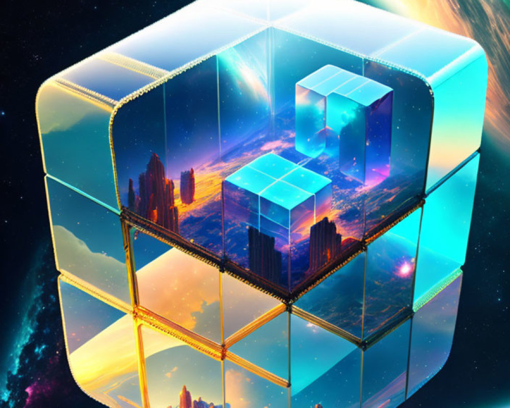 Translucent futuristic cube in space with glowing edges and cityscapes against starry nebula.