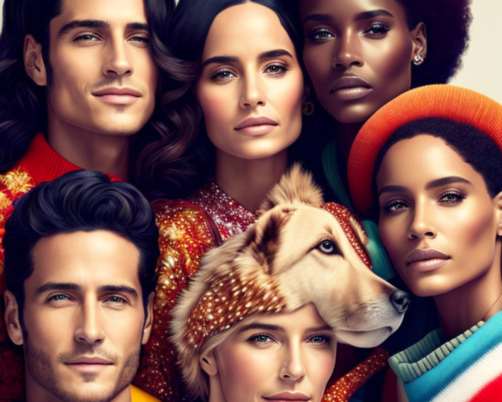 Five stylish individuals posing with a golden retriever against a beige backdrop, displaying diversity and fashion.