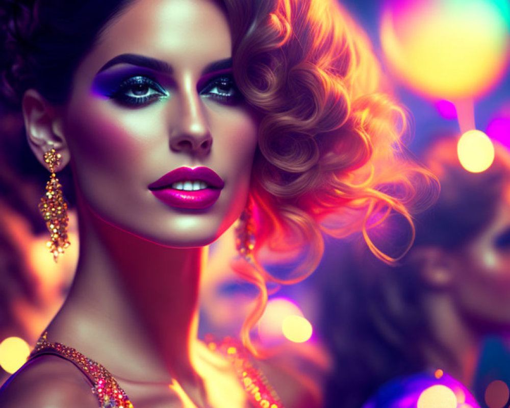 Vibrant neon-lit woman with elaborate makeup and wavy hair