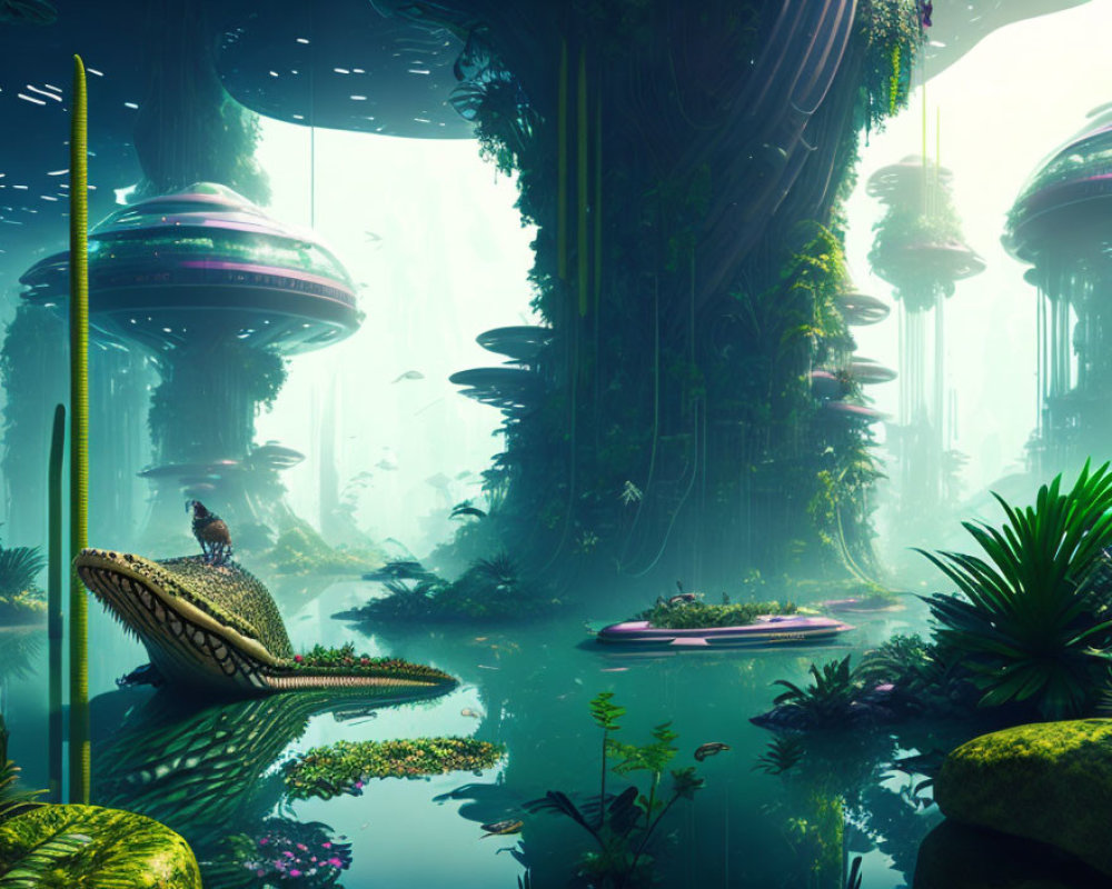 Fantastical forest scene with towering trees and futuristic hovering craft.