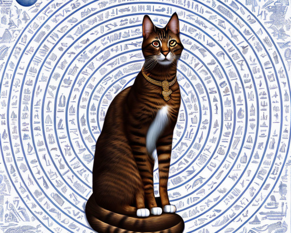 Brown Tabby Cat with Egyptian-Style Collar in Ancient Egyptian Setting