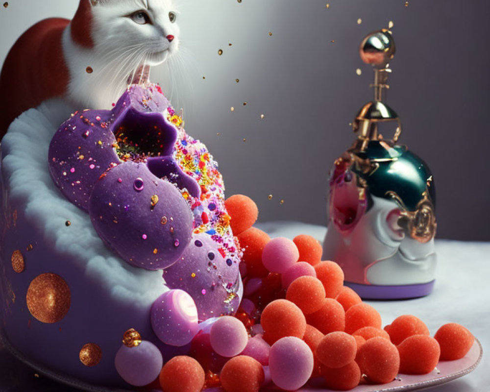 White and Ginger Cat Next to Fanciful Cake with Purple Icing and Pink Balls