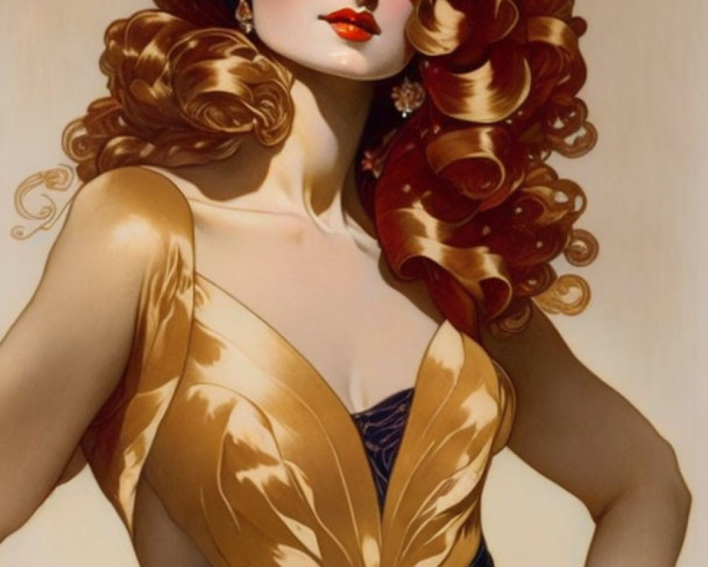 Illustration of Woman with Auburn Hair in Golden Dress