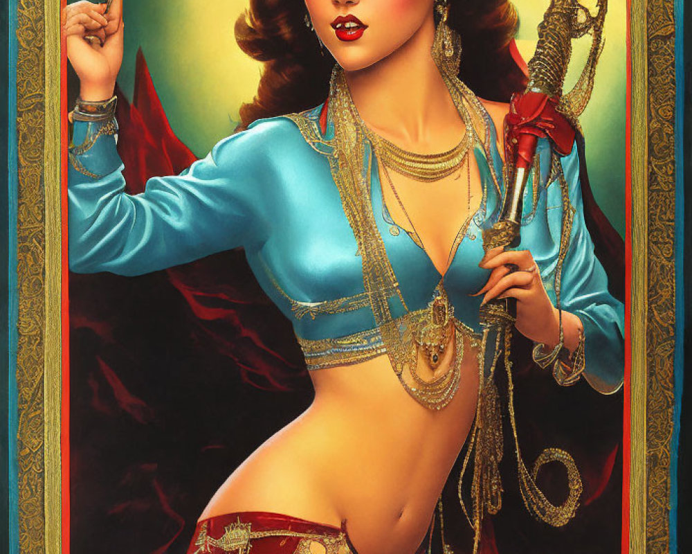 Woman in Hollywood glamour style with cobra staff, blue blouse, red skirt, gold accessories, and