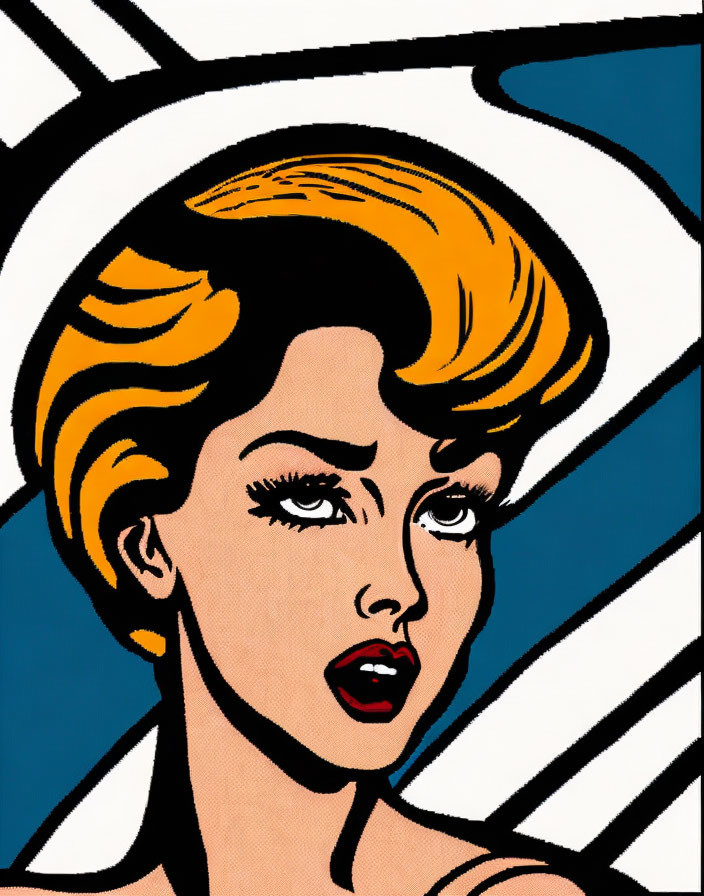 Bold Outlined Pop Art Portrait of Surprised Woman with Blonde Hair and Red Lipstick