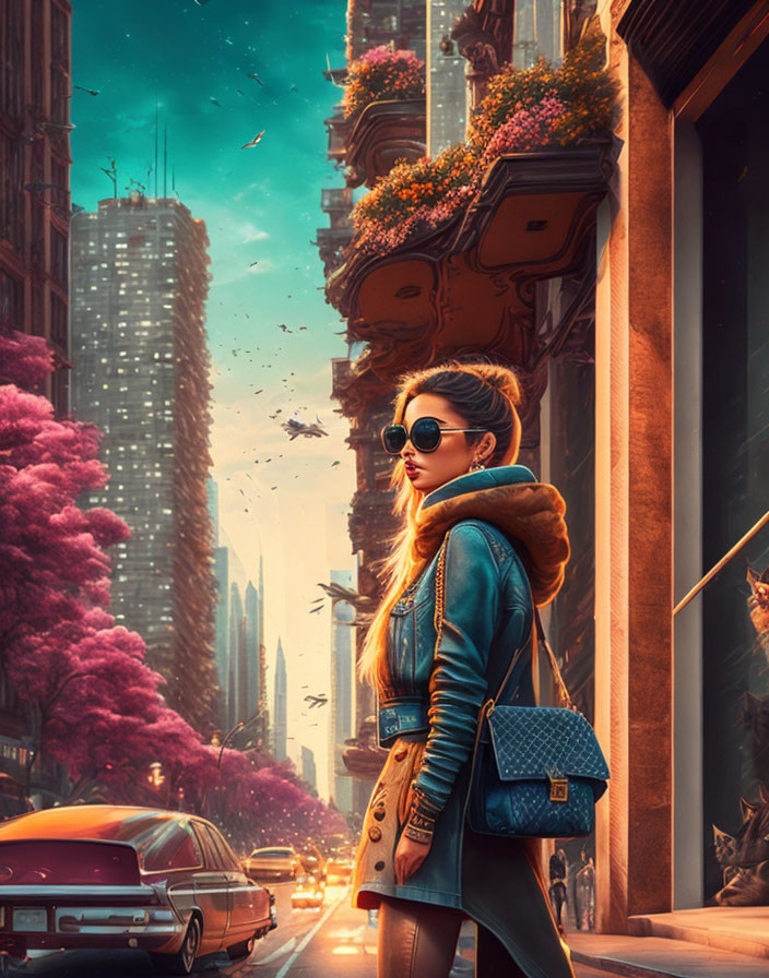 Fashionable woman in sunglasses on city street with flowering trees and buildings under sunlight