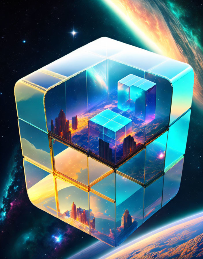 Translucent futuristic cube in space with glowing edges and cityscapes against starry nebula.