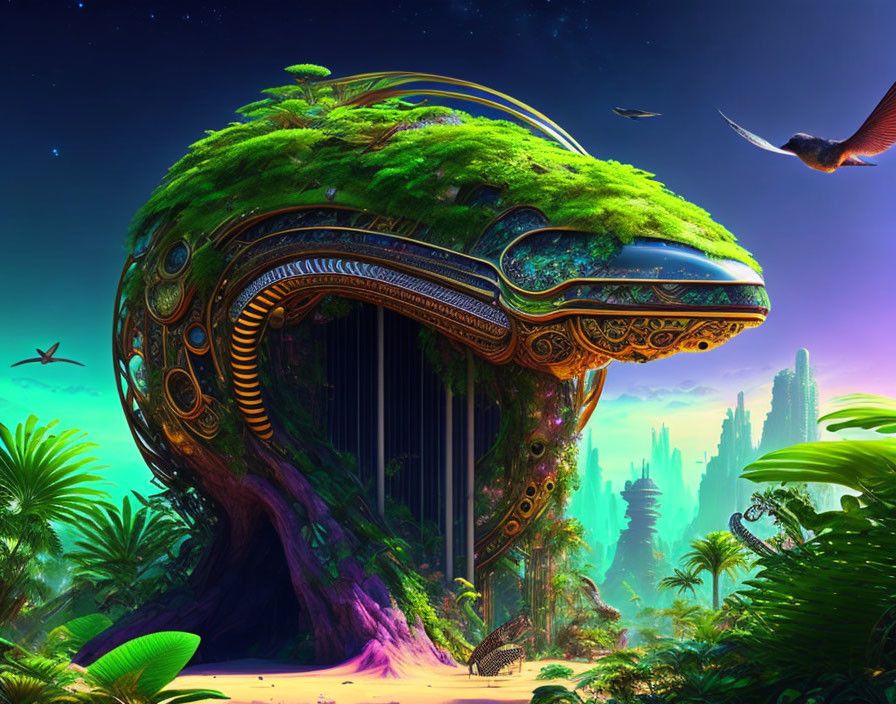 Futuristic landscape with lush green biomechanical structure and exotic flora