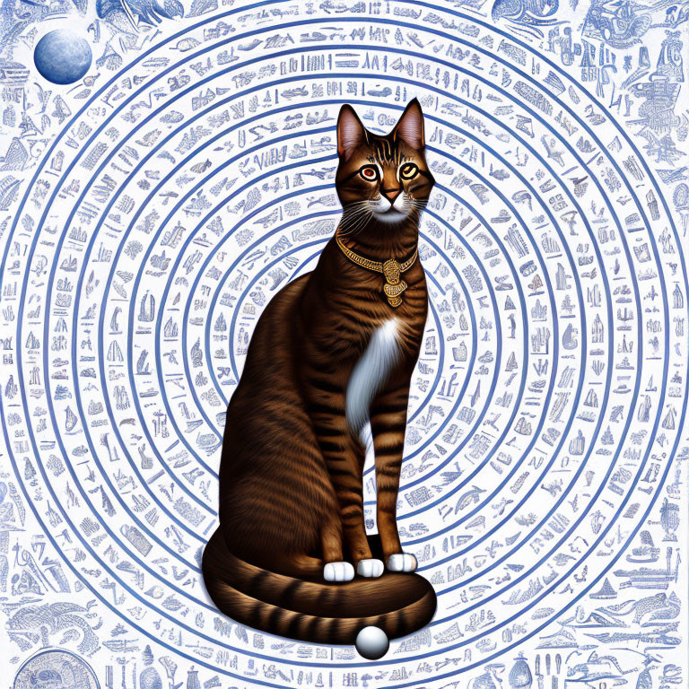 Brown Tabby Cat with Egyptian-Style Collar in Ancient Egyptian Setting