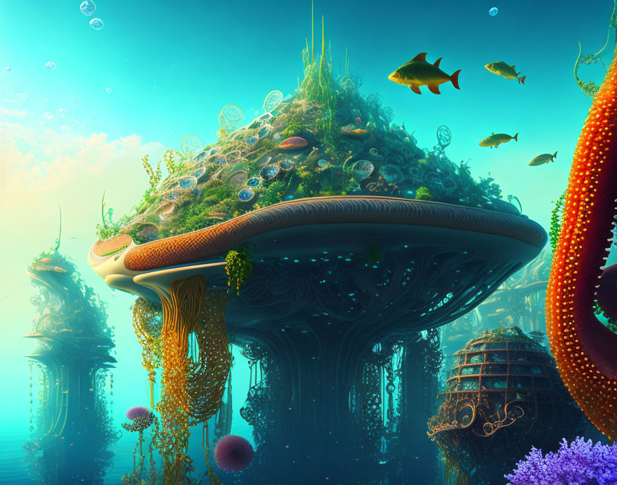 Colorful Mushroom-Shaped Underwater Scene with Marine Flora and Fish