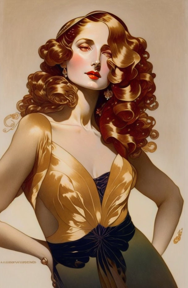 Illustration of Woman with Auburn Hair in Golden Dress