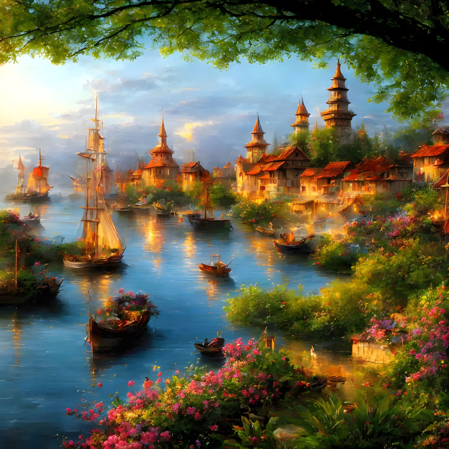 Scenic river landscape with boats, flowers, and pagodas