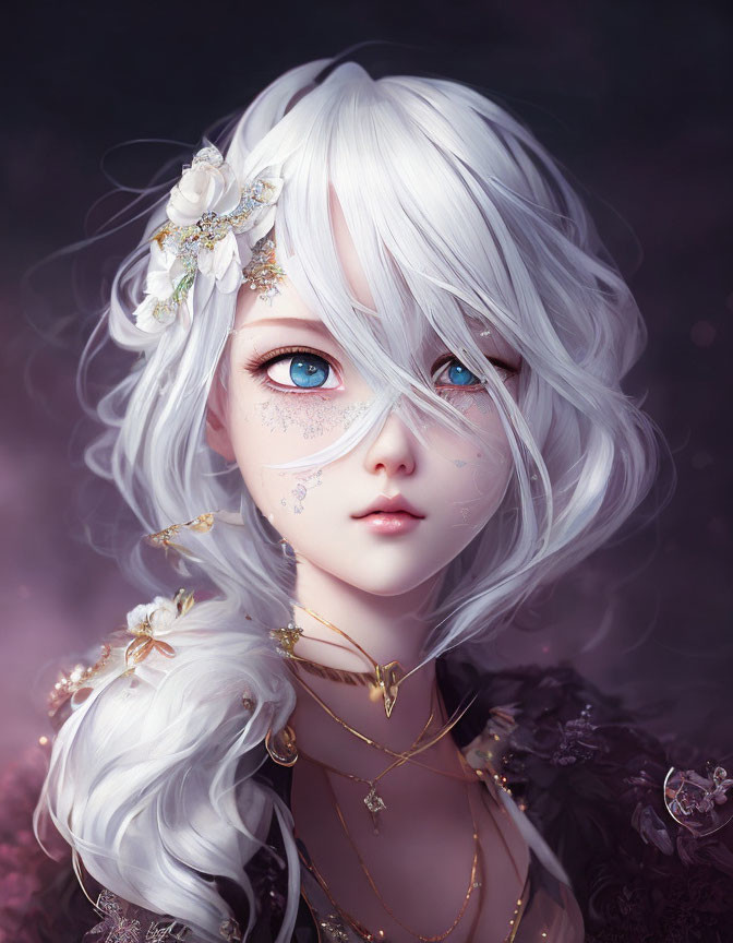 Fantasy character illustration with white wavy hair and floral accessories.