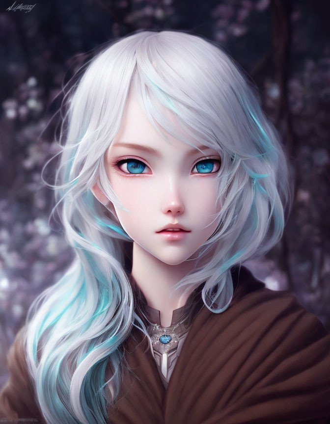 Digital Art: Pale White Hair, Blue Eyes, Brown Cloak in Dreamy Forest