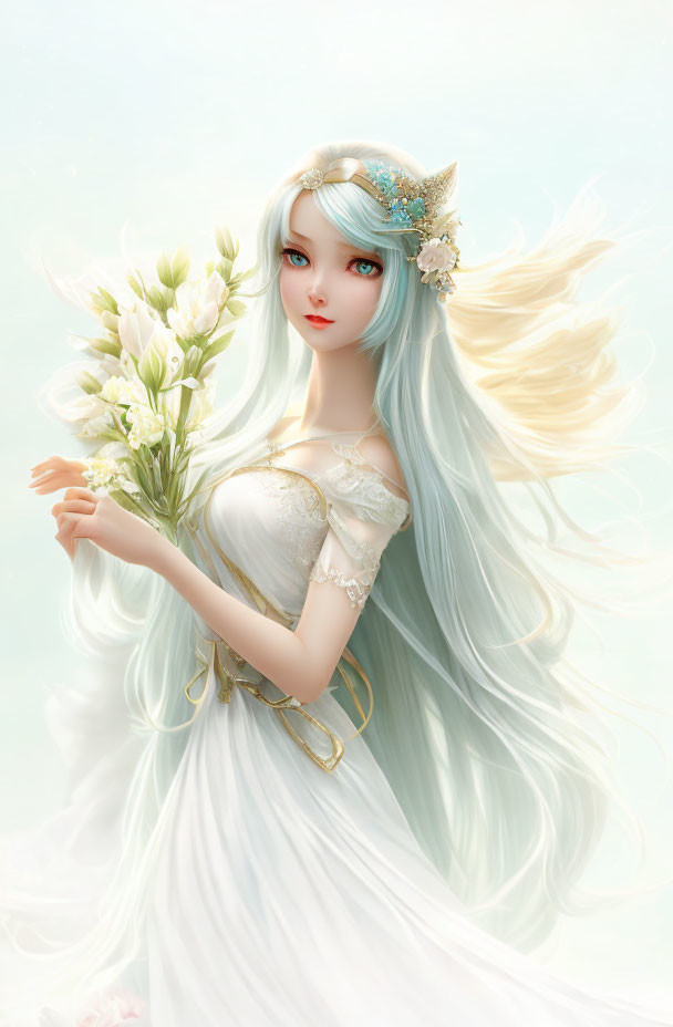 Ethereal animated character with long blue hair holding white flowers