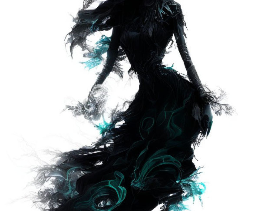 Ethereal figure in black and teal dress against white background