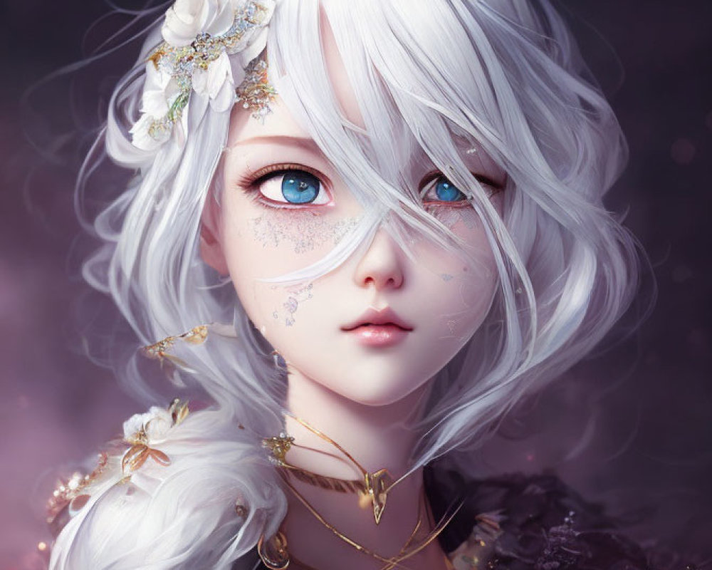 Fantasy character illustration with white wavy hair and floral accessories.