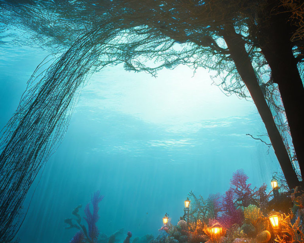 Underwater scene with coral, lanterns, and sunbeams in a submerged forest.