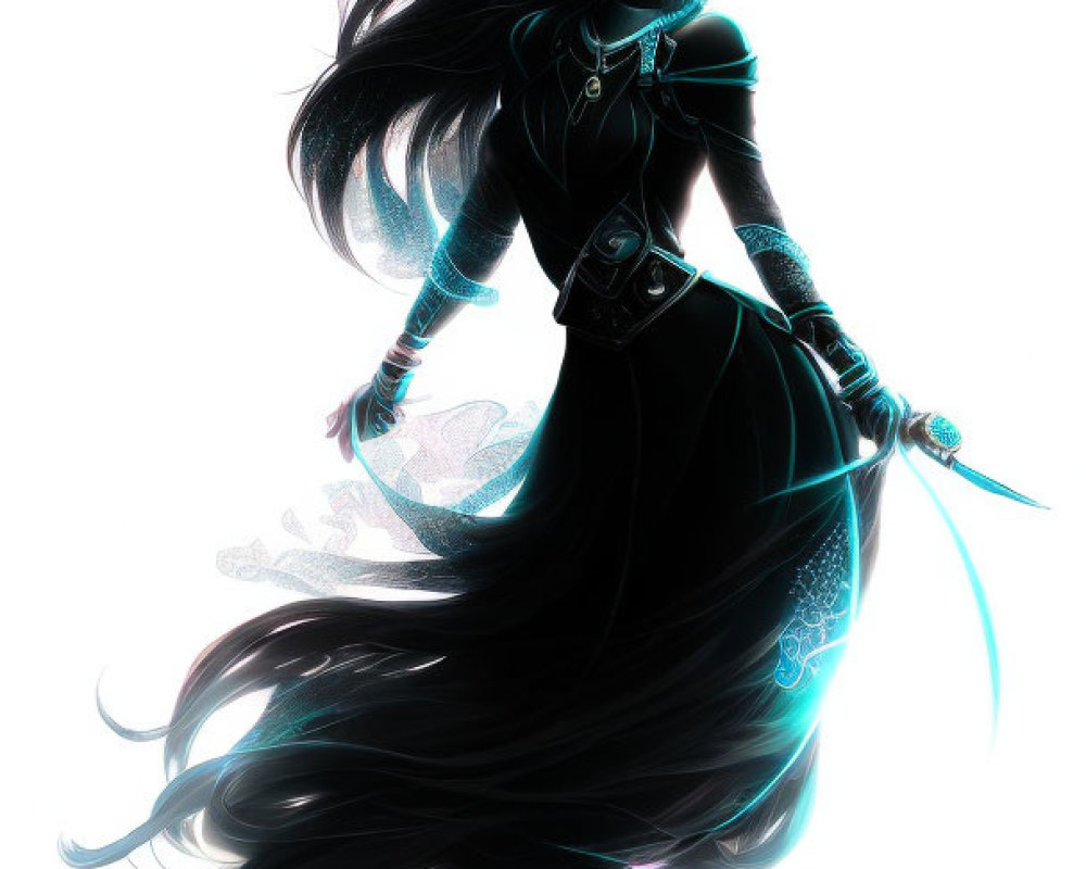 Ethereal animated character with black hair, teal accents, headset, and staff