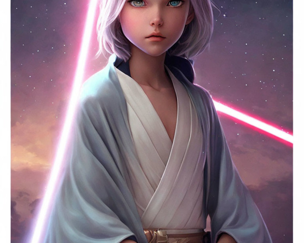 Young girl with blue eyes and white hair in digital artwork with lightsabers