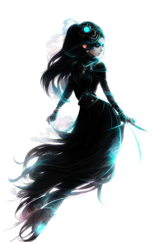 Ethereal animated character with black hair, teal accents, headset, and staff