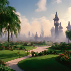 Misty fantasy landscape with lush gardens and ornate palace