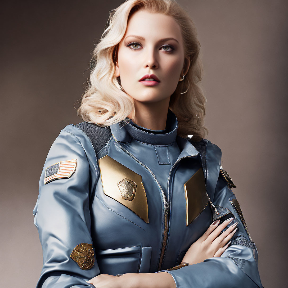 Blonde woman in futuristic blue uniform with golden patches gazes confidently.