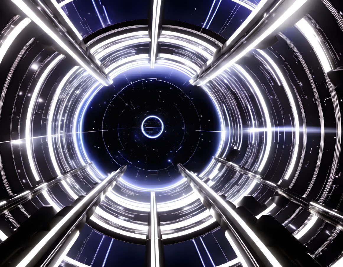 Futuristic tunnel with concentric circles of light in high-speed motion