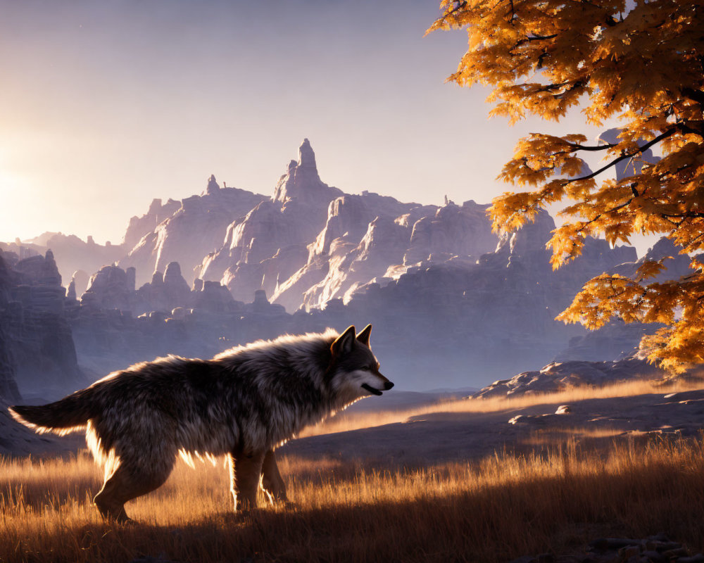 Majestic wolf in autumnal forest with mountains