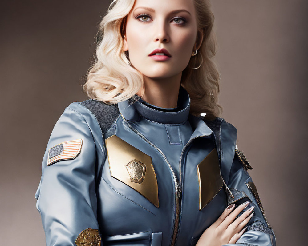 Blonde woman in futuristic blue uniform with golden patches gazes confidently.