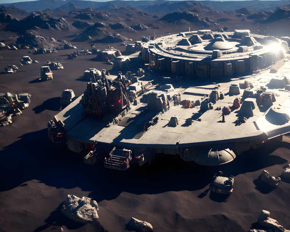 Futuristic dome structures and vehicles in rocky desert landscape