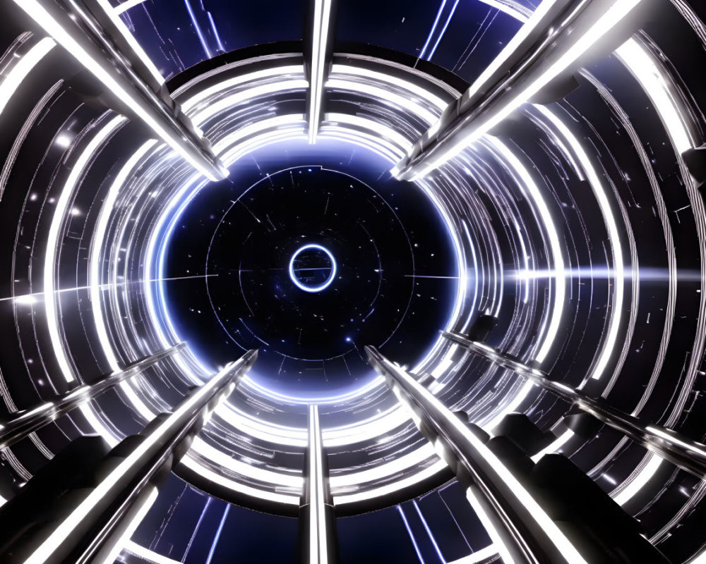 Futuristic tunnel with concentric circles of light in high-speed motion